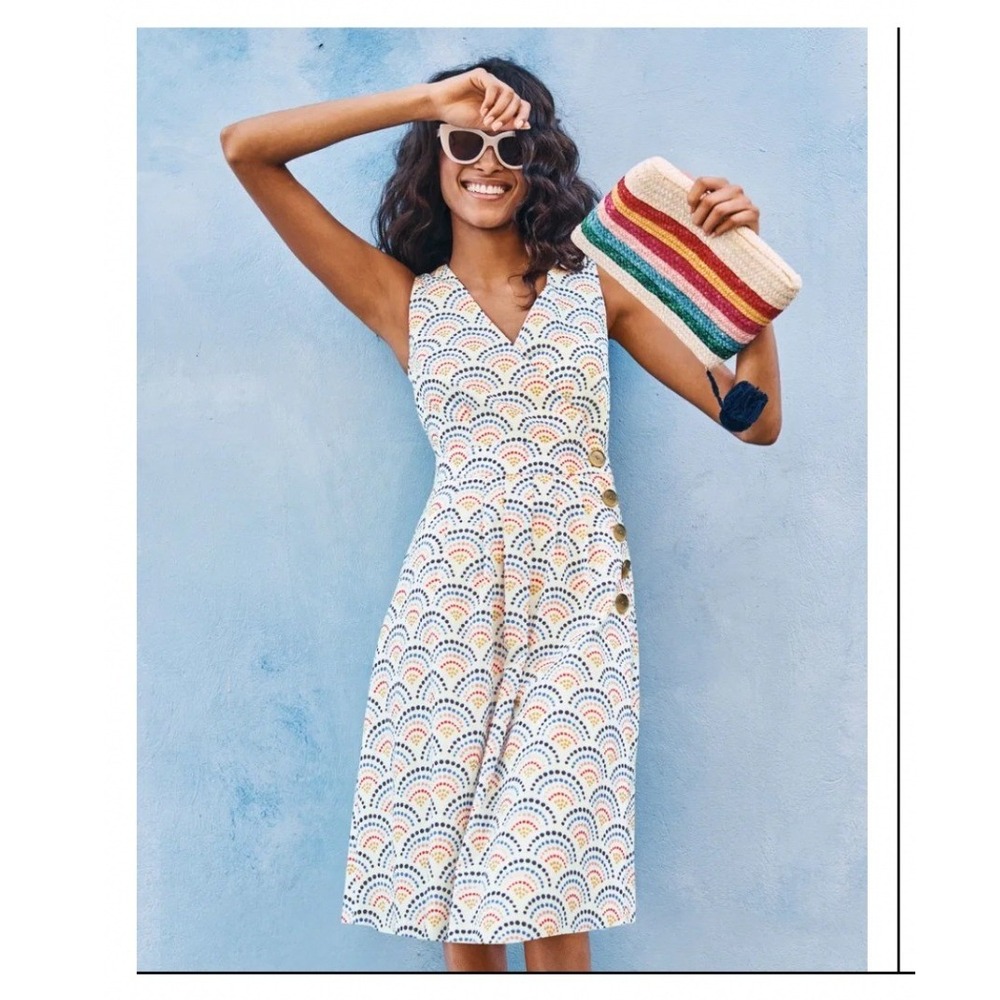 Boden Linen/Cotton Scallop Wrap Midi Dress Sz 12 Whimsical Chic Elevated Daywear
